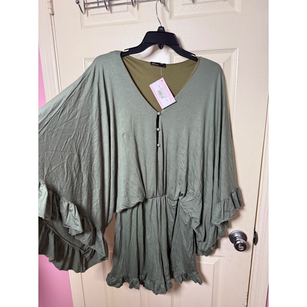 Sew Peachy Molly Ruffle Romper Olive Green V-Neck Bell Sleeve Large‎